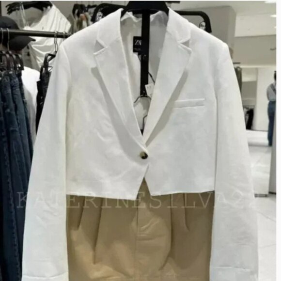 NWT ZARA BASIC CROP BLAZER ECRU - Picture 1 of 8